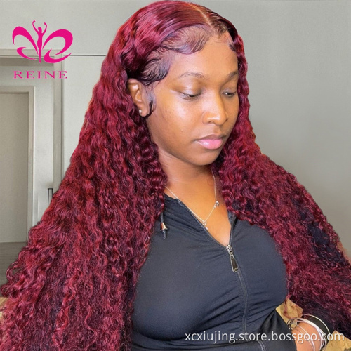 99J Colored Lace Front Human Hair Wigs Deep Wave Burgundy 13x4 HD Transparent Lace Frontal Wig Glueless Wine Red Wig For Women